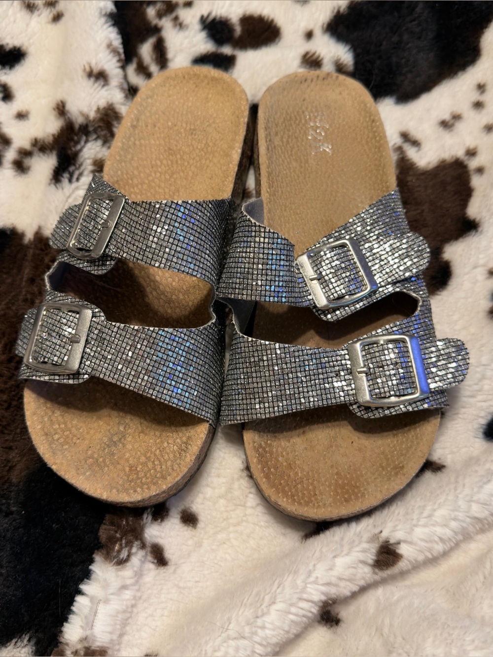 Glitter Double Buckle Slide Sandals - Silver